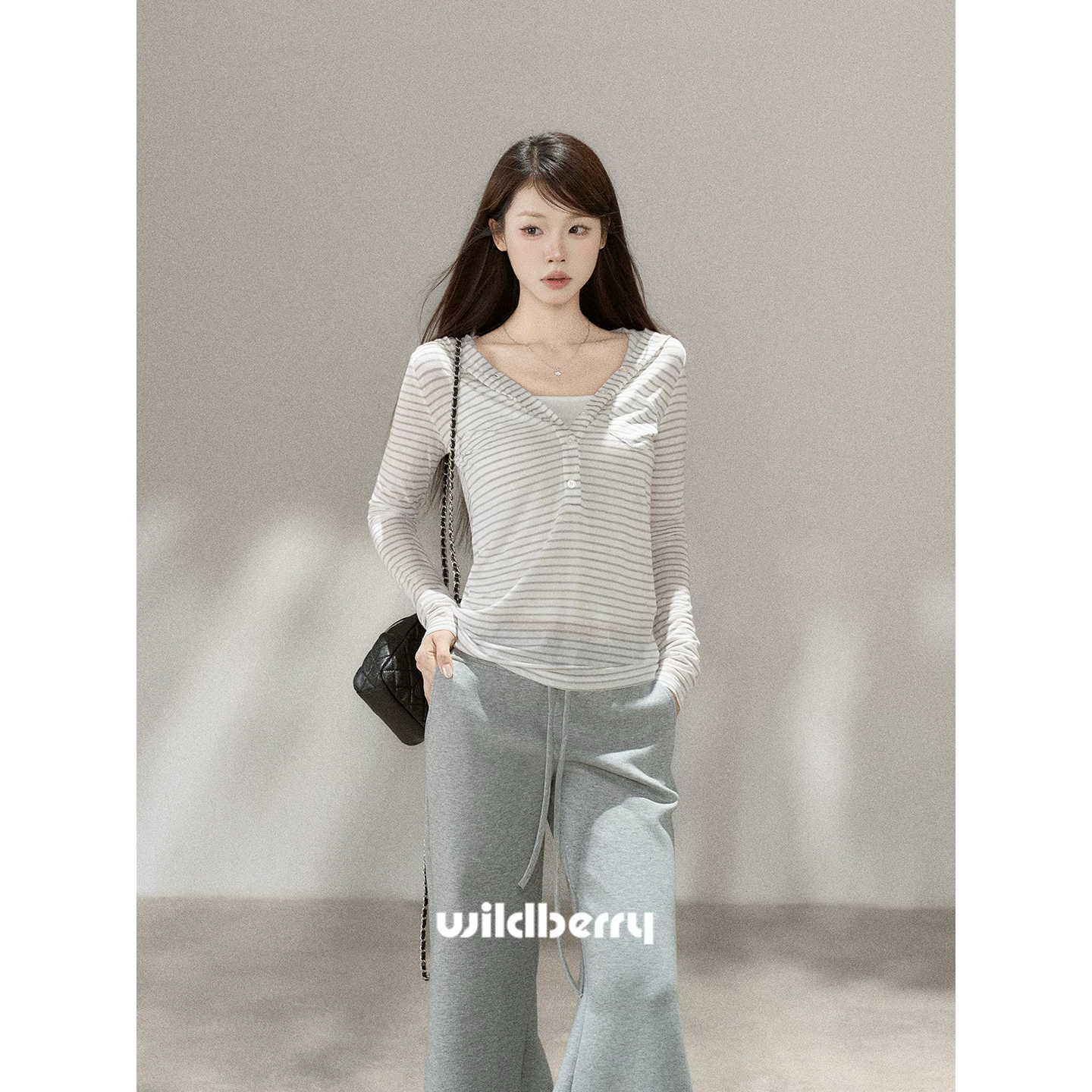 Wildberry フード付き ストライプ長袖Tシャツ