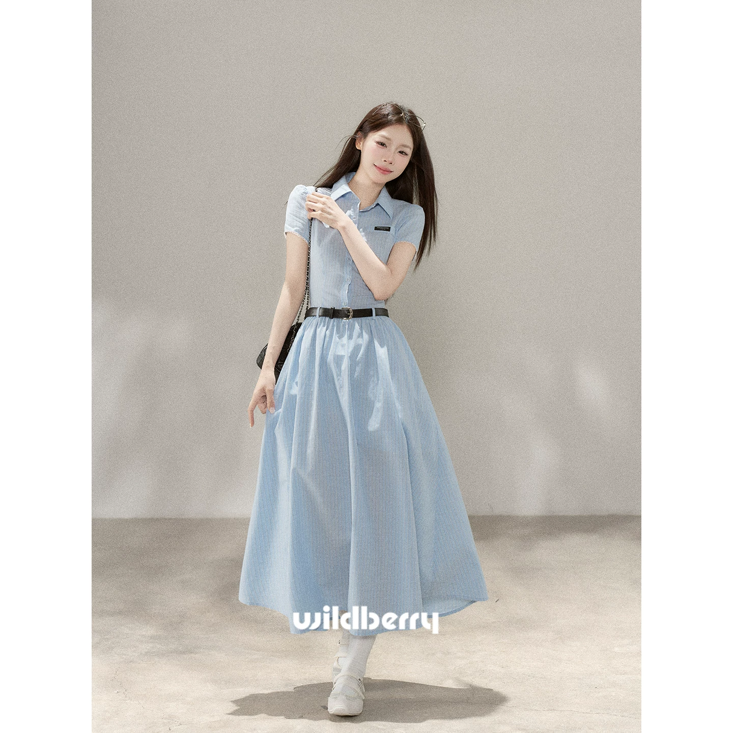 Wildberry ブルーストライプ 半袖ロングワンピース