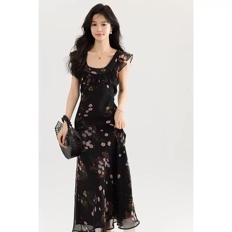 Uネック フラワープリントロングワンピース 商品写真