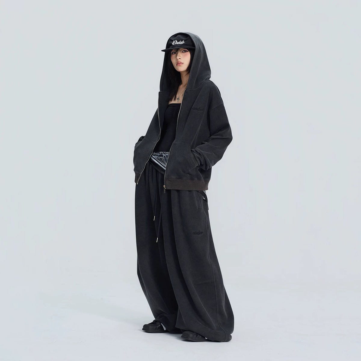 ウォッシュ加工 ヴィンテージ フード付きジャケット&スウェットパンツ セット